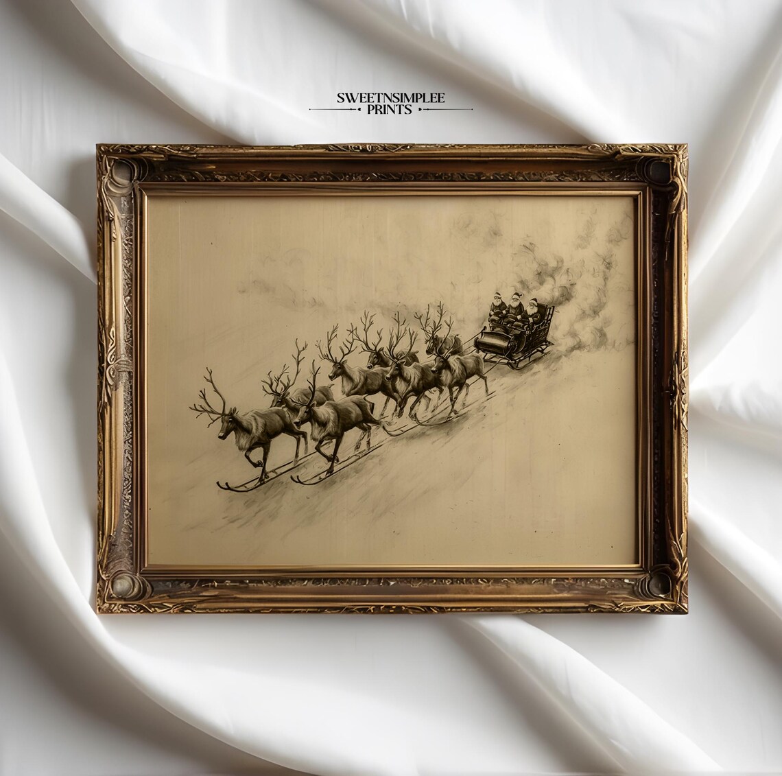 Vintage Sepia Sketch of Santa Sleigh With Six Reindeer Team Poster