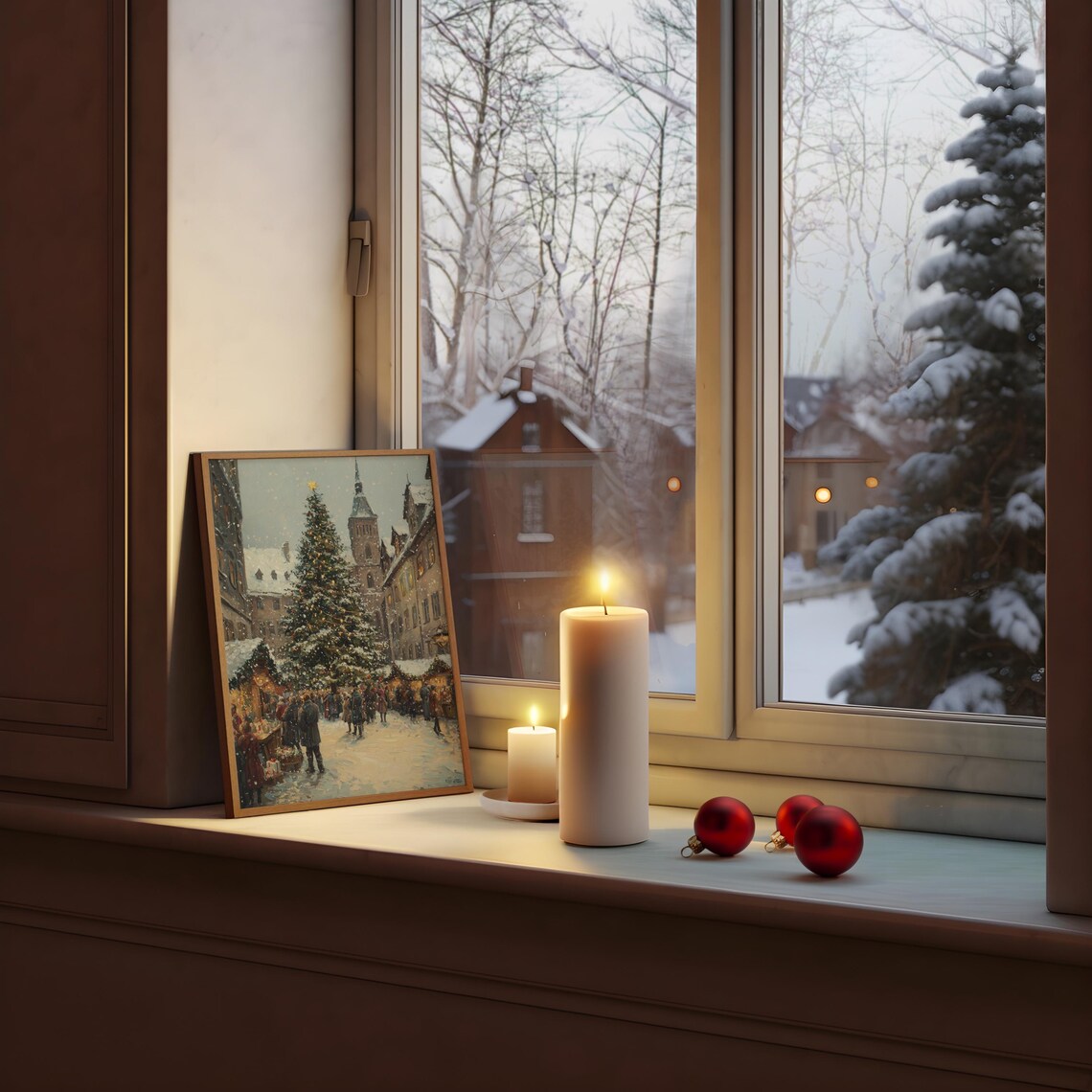 European Christmas Market Square Vintage Oil Painting Holiday Poster - Image 3