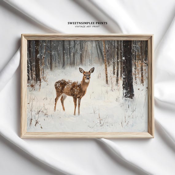Vintage Deer Winter Wall Art Rustic Snowy Forest Print Antique Farmhouse Christmas Decor Moody Winter Artwork 580