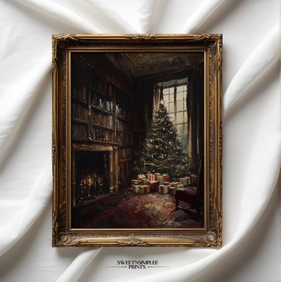 Moody Christmas Tree Vintage Painting Cozy Cottage Christmas Decor Holiday Wall Art 476