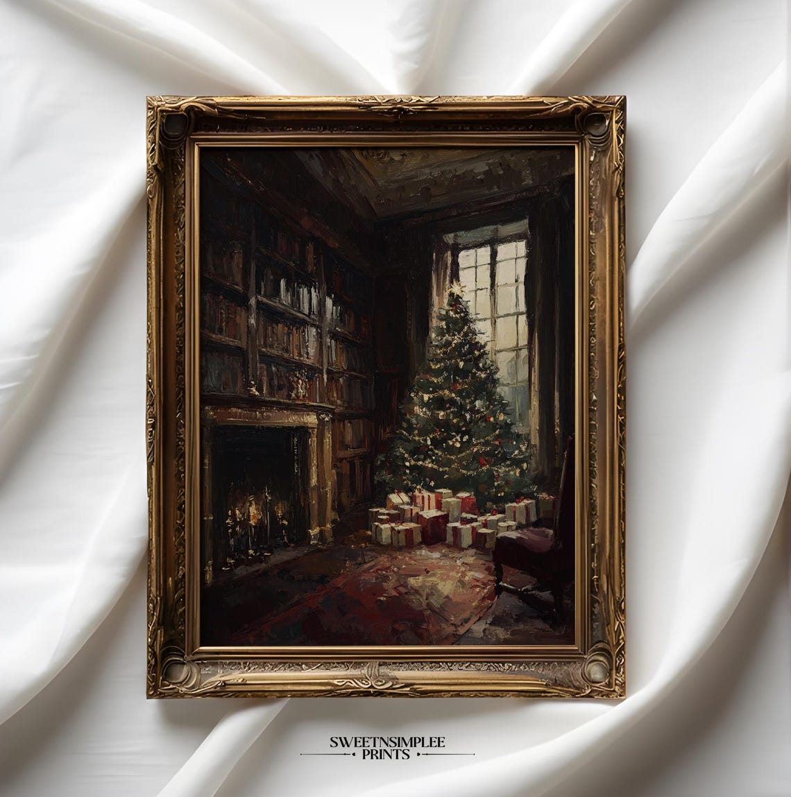 Cozy Library With Christmas Tree Gifts And Fireplace Oil Poster