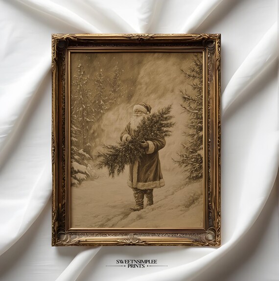 Antique Sepia Santa Carrying Christmas Tree Through Snow Poster