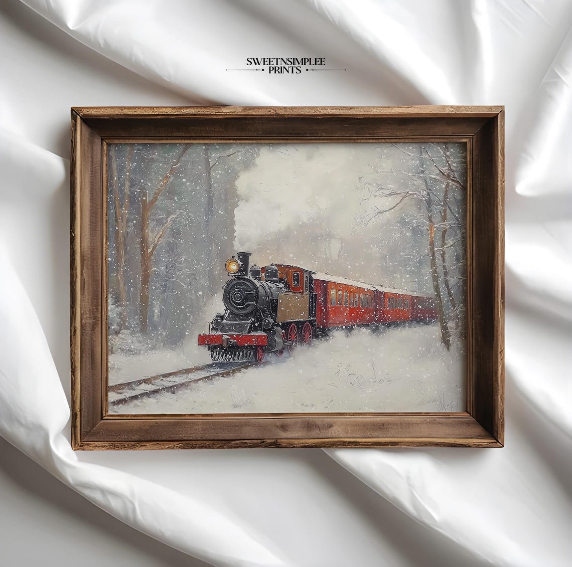 Vintage Red Steam Train in Snowy Forest Winter Landscape Poster - Image 2