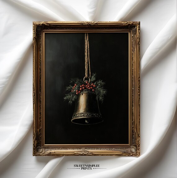 Moody Brass Christmas Bell With Pine And Berries Dark Holiday Poster