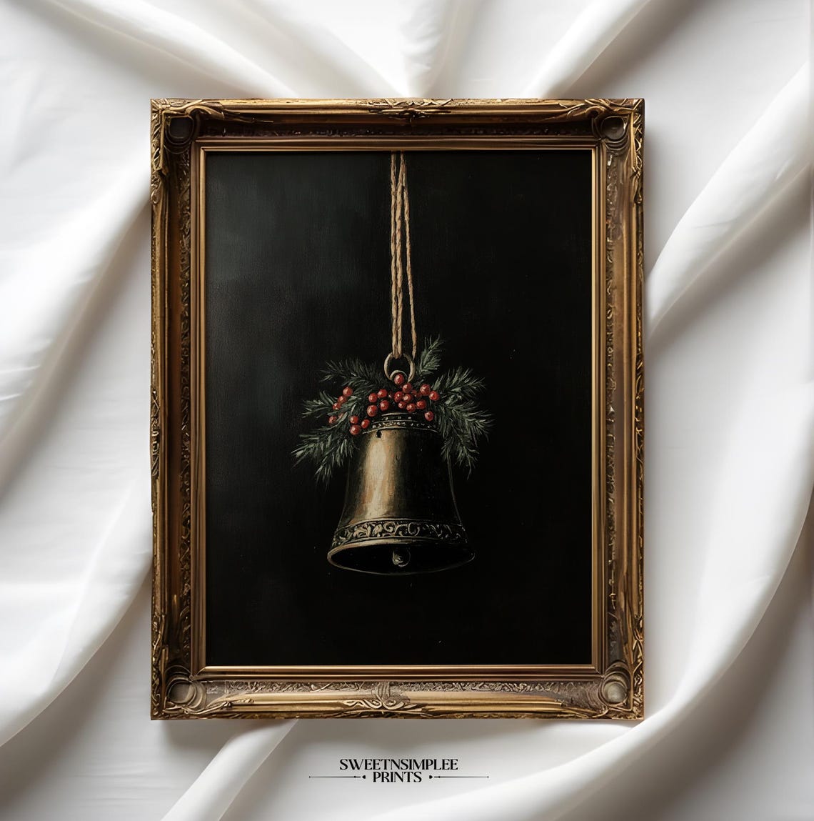 Moody Brass Christmas Bell With Pine And Berries Dark Holiday Poster