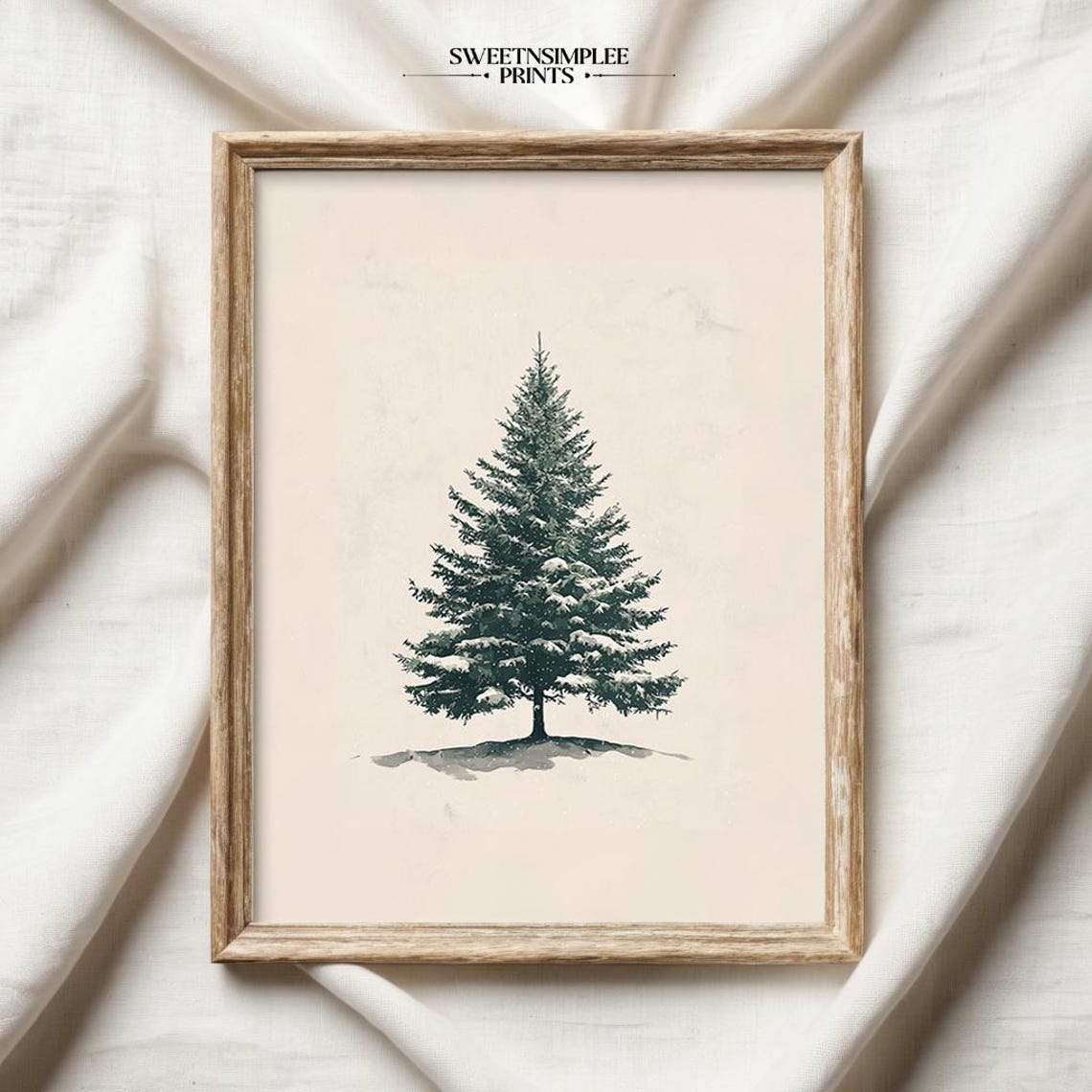 Snowy Evergreen Tree Poster Vintage Botanical Beige Winter Decor - Image 2