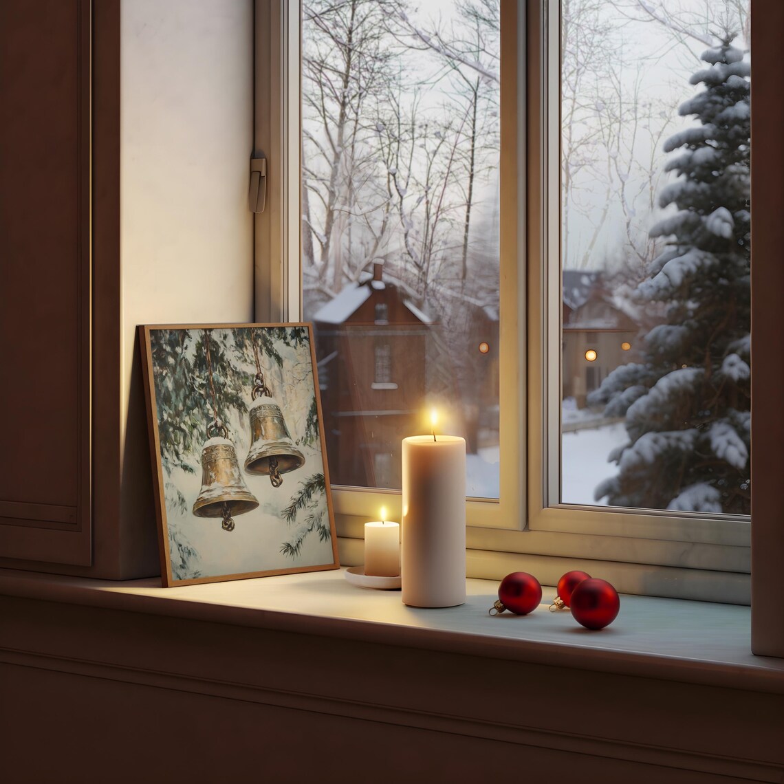 Pair of Brass Bells on Chains in Bright Snowy Winter Scene Poster - Image 3