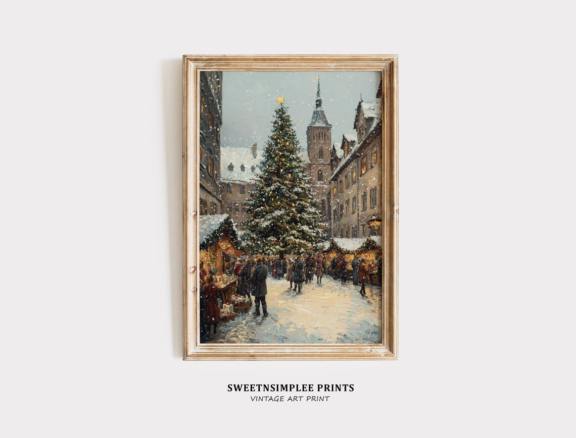 European Christmas Market Square Vintage Oil Painting Holiday Poster