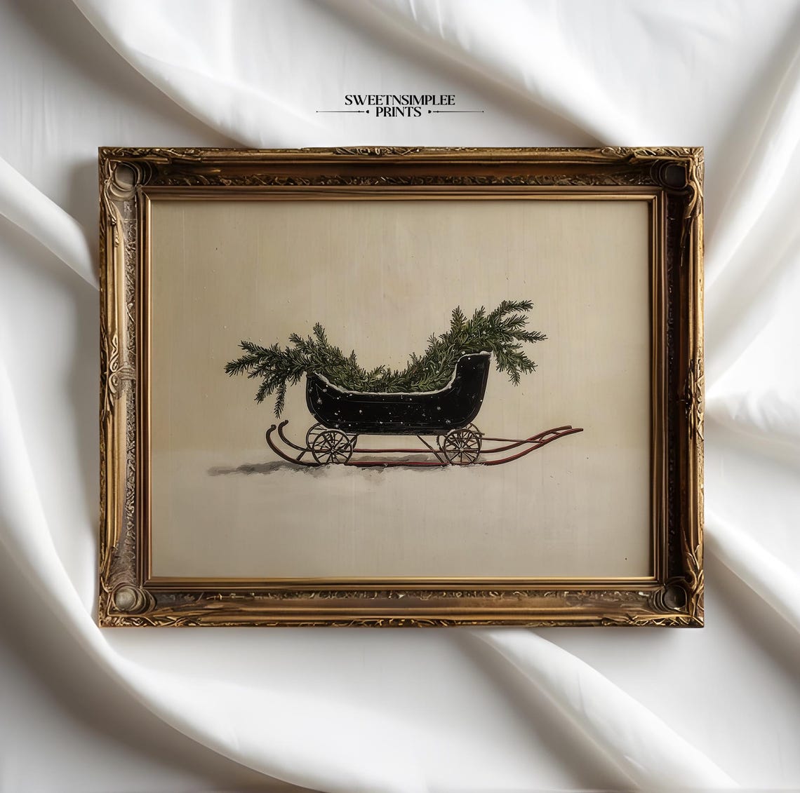 Minimalist Black Sleigh With Greenery on Cream Background Poster
