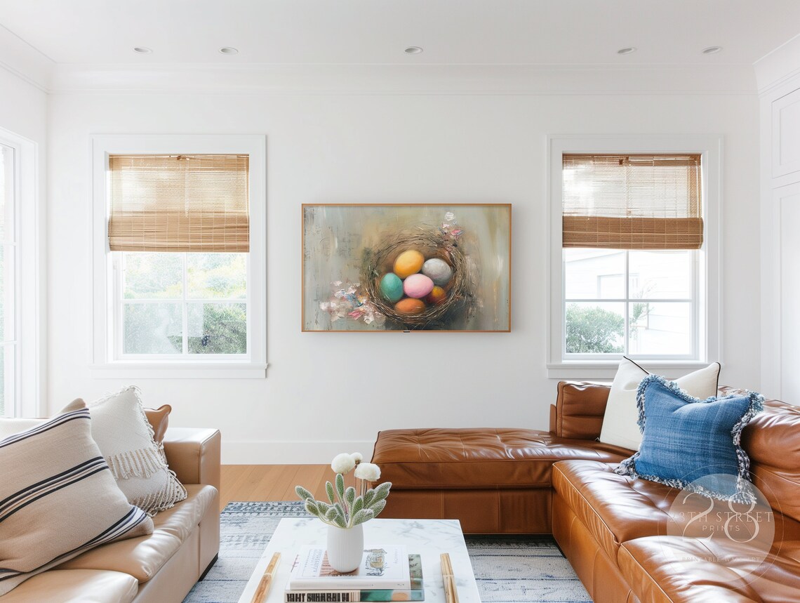 Colorful Easter Eggs In Bird Nest Pink Blossom Spring Oil Painting Art Print - Image 3