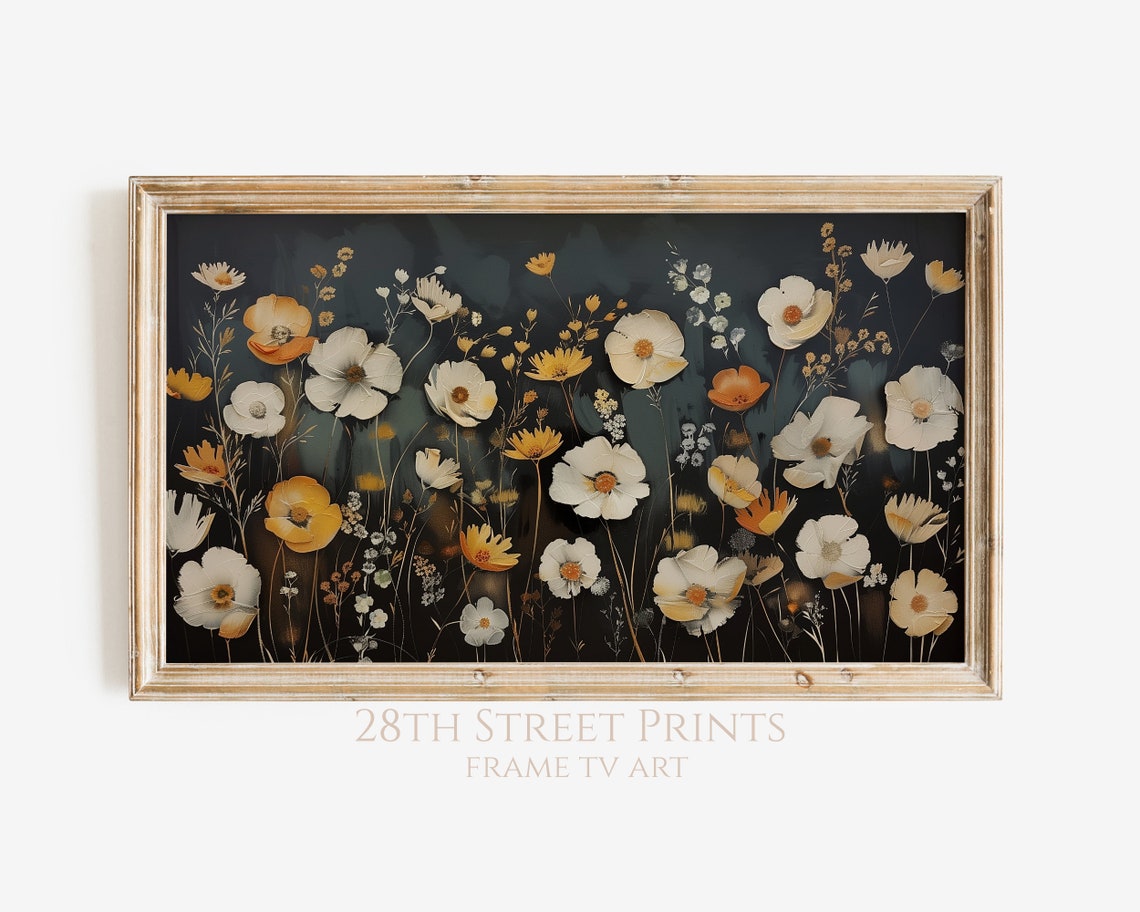 Moody Autumn Wildflower Field Painting Dark Floral Fall Decor Poster