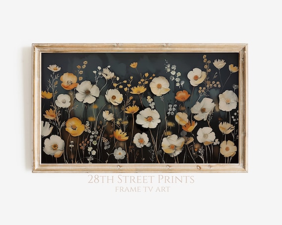 Moody Autumn Wildflower Field Painting Dark Floral Fall Decor Poster