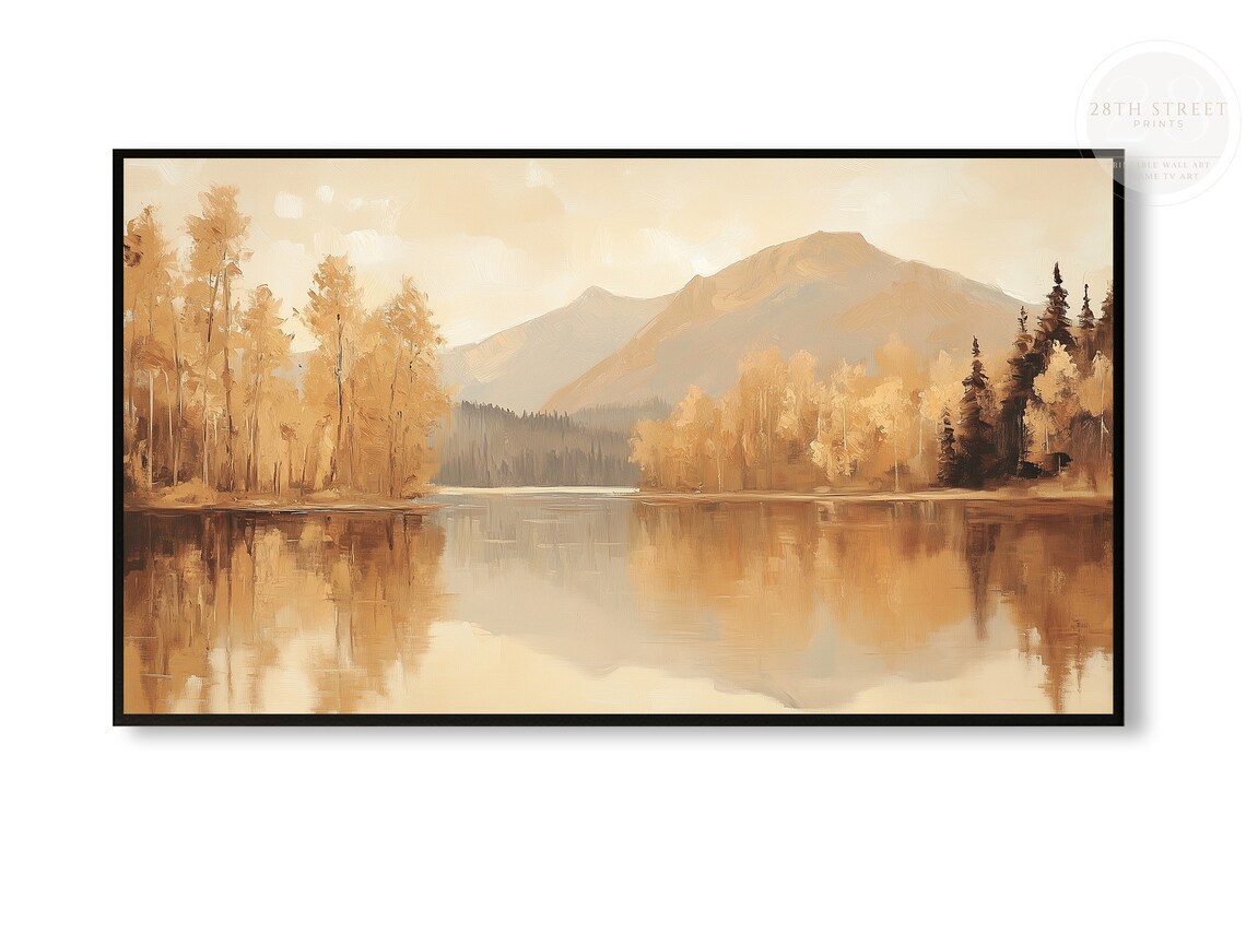 Golden Autumn Lake Beige Trees Mountain Reflection Neutral Landscape Poster - Image 2