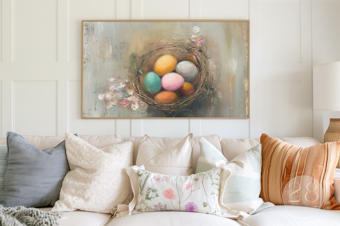 Colorful Easter Eggs In Bird Nest Pink Blossom Spring Oil Painting Art Print - Image 2