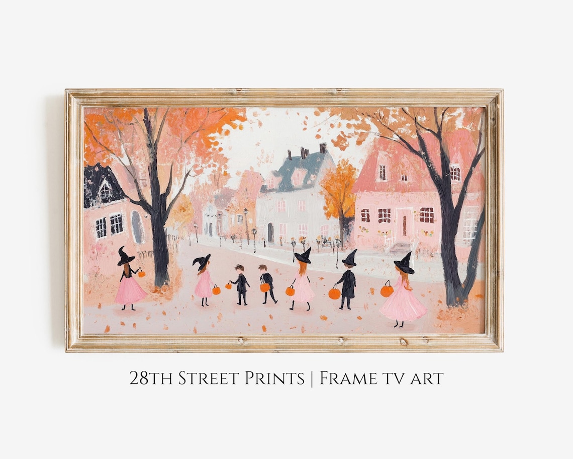 Pink Halloween Town Trick-Or-Treat Art Print