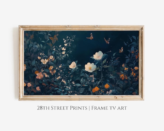 Moody Navy Wildflower Garden Night Painting Botanical Dark Floral Poster