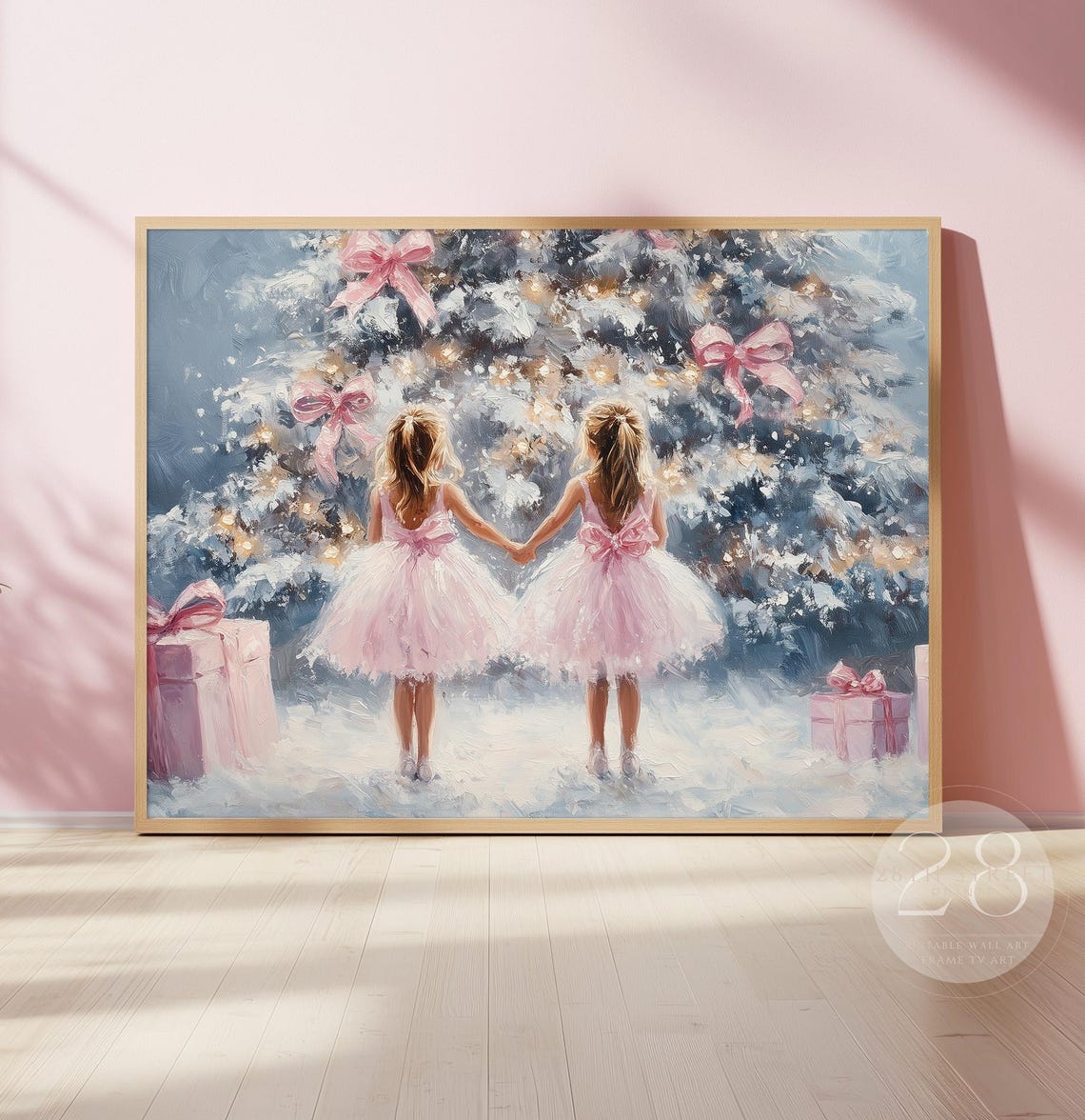 Ballerina Girls Christmas Tree Painting Two Girls Pink Bows Colorful Holiday Wall Art Festive Pink Girls Room - Image 3