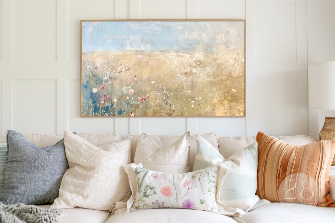 Golden Wheat Field Wildflowers Pale Blue Sky Textured Neutral Landscape Art Print - Image 3
