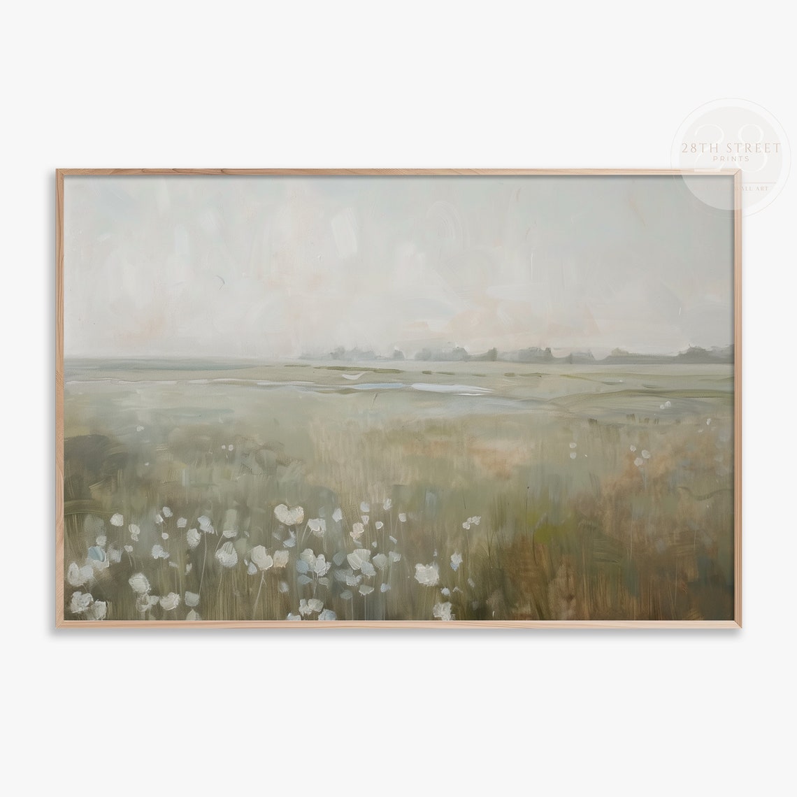 Muted White Wildflower Field Sage Green Misty Minimalist Wall Art