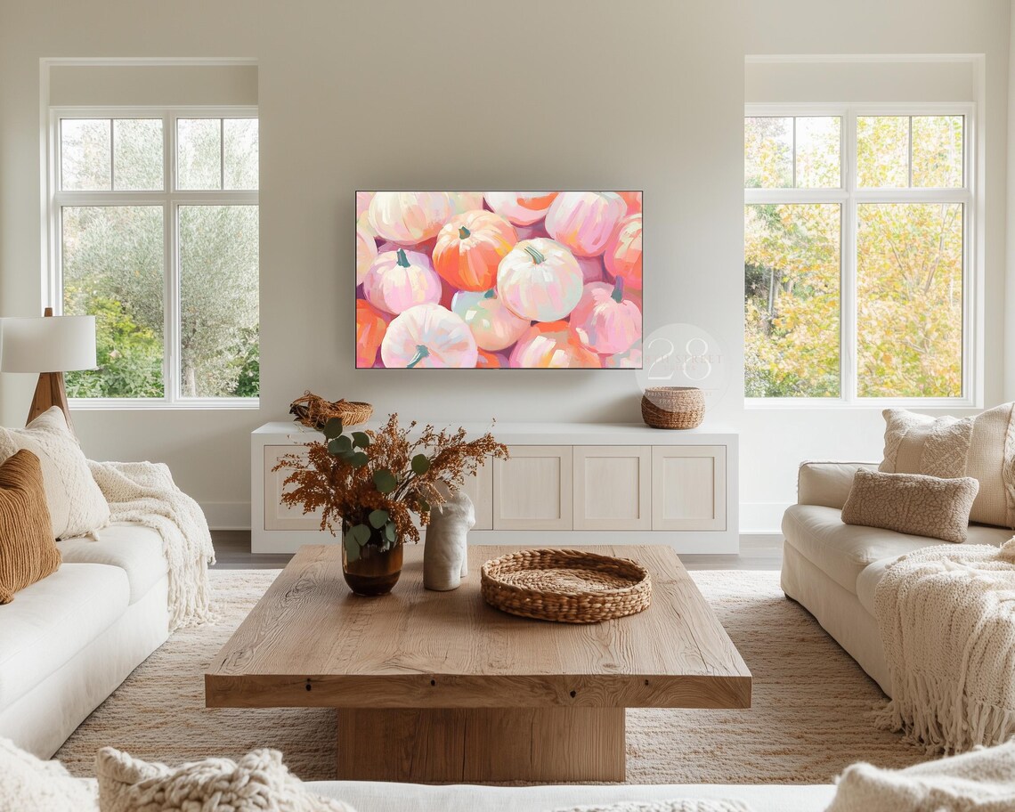 Pastel Pink Orange Pumpkins Close Up Fall Halloween Colorful Painting Poster - Image 3