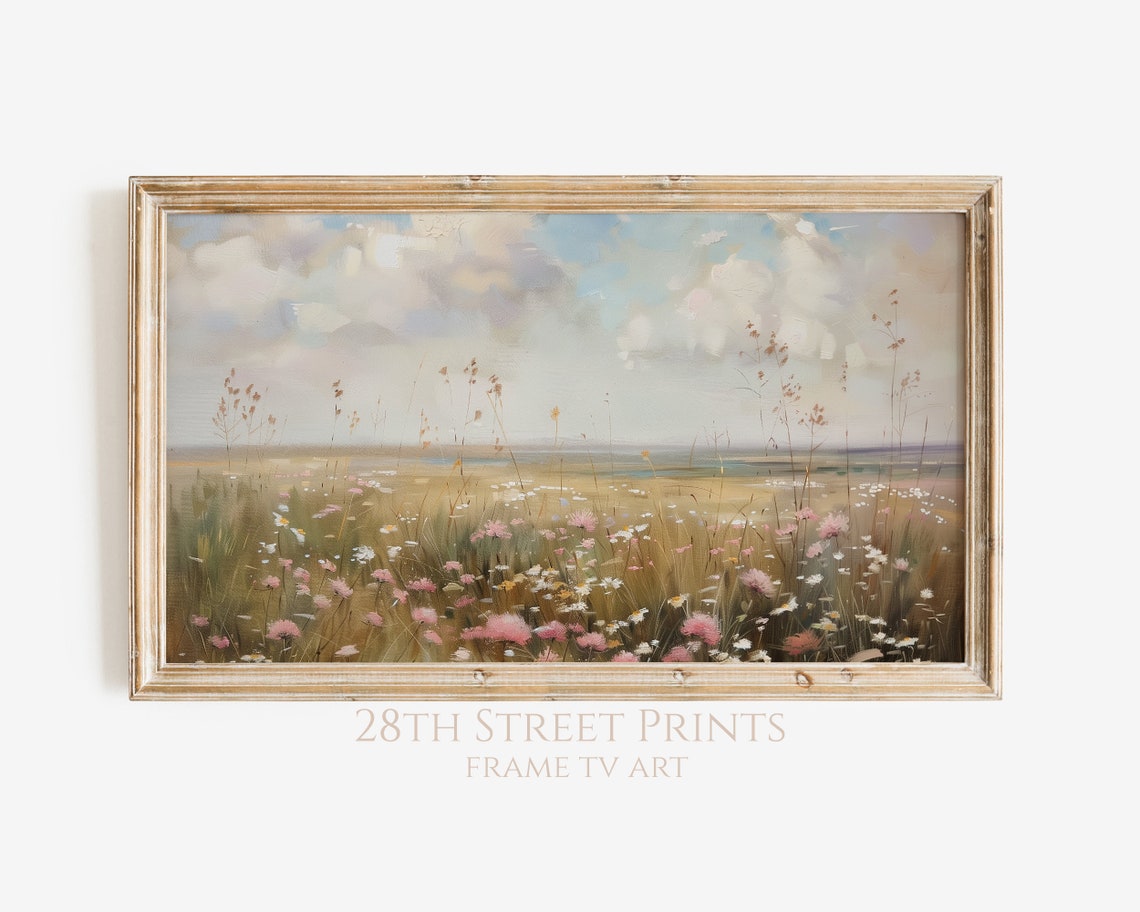 Pink White Wildflower Meadow Cloudy Pastel Sky Summer Landscape Poster