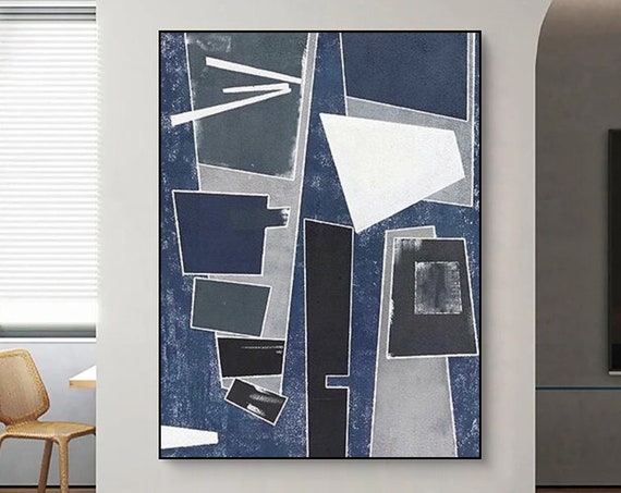 Original Blue And Gray Abstract Painting Wabi Sabi Wall Art Geometric Painting On Blue Painting Gray Painting Abstract Wall Art