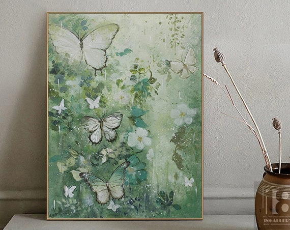 Large Butterfly Landscape Painting Modern Butterfly Painting Abstract Texture Wall Art Green Oil Painting Artwork For Living Room