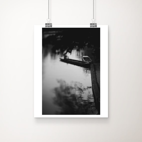 Black And White Cambridge Photograph River Cam Punting Print Boat Dark Art Vertical