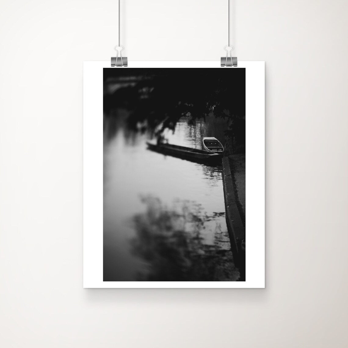 Cambridge River Cam Punting Boats Moody Black and White Photo Poster