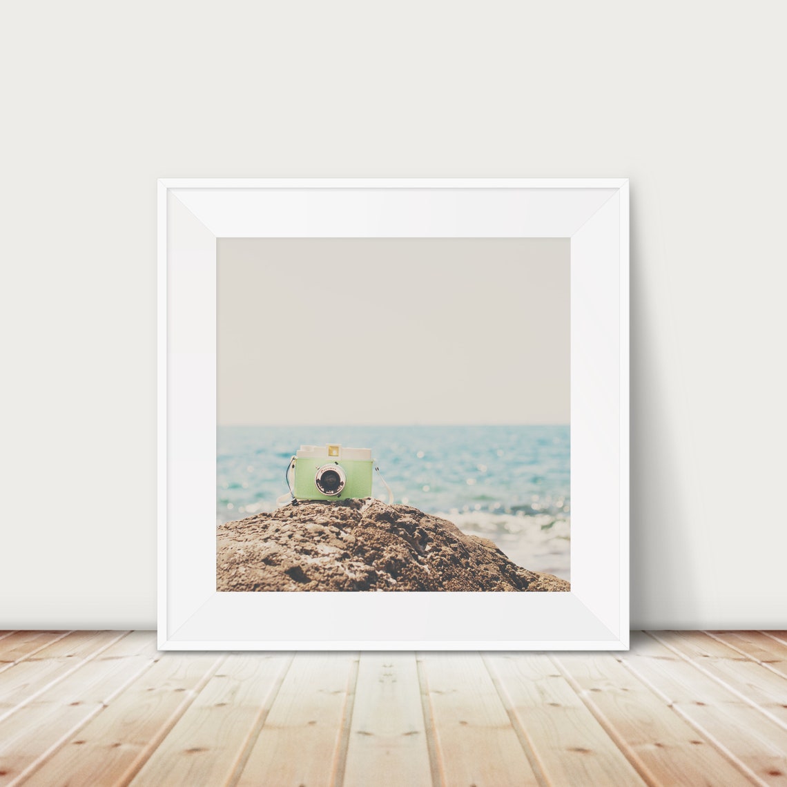 Mint Retro Camera on a Rock Overlooking Turquoise Beach Water Poster