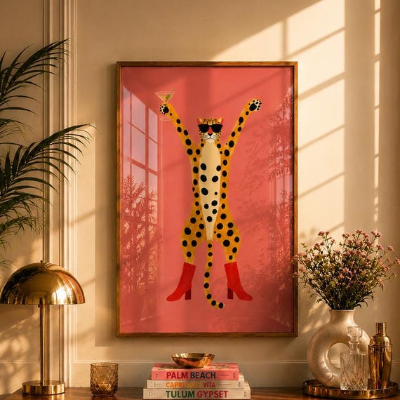Pink Leopard Print Kitchen Wall Art, Funky Animal