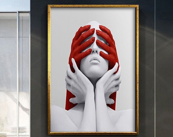 White Woman Face With Red Hands Over Eyes Surreal Red White Art Poster