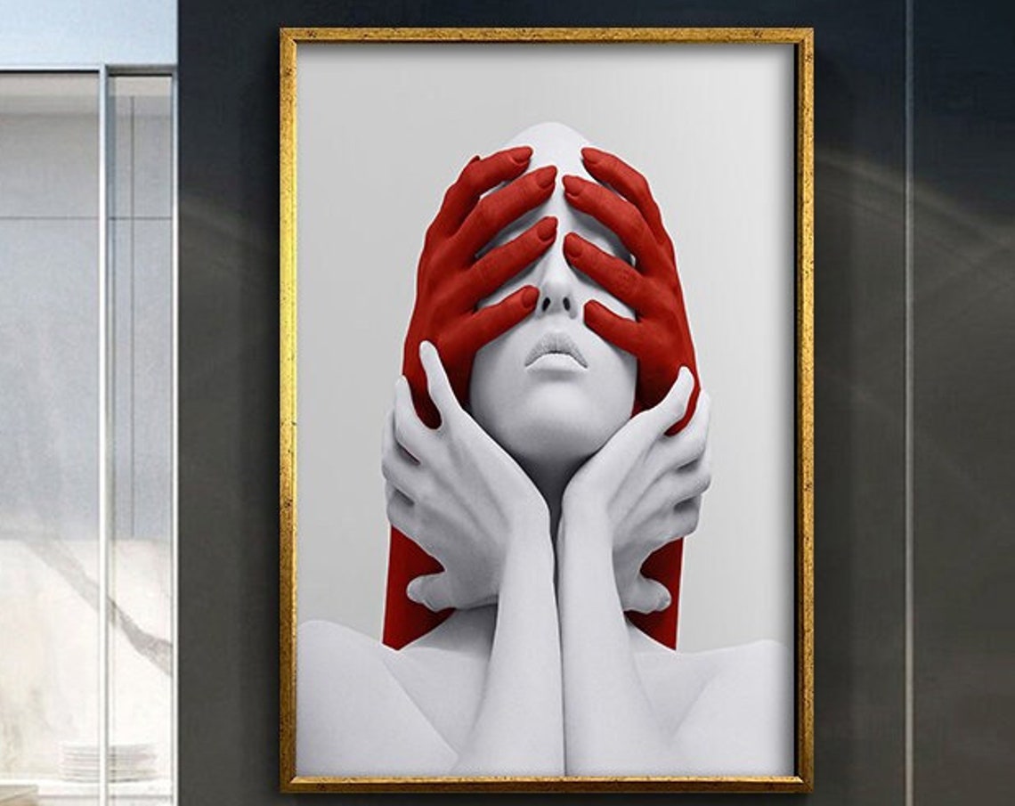 White Woman Face With Red Hands Over Eyes Surreal Red White Art Poster