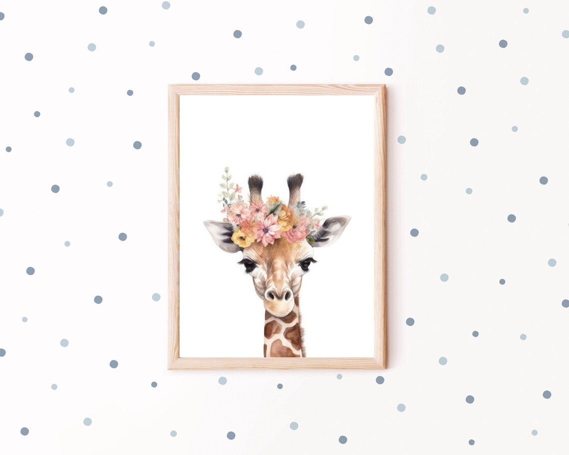 Giraffe Baby Flower Crown Watercolor Safari Nursery Cute Kids Wall Poster - Image 2