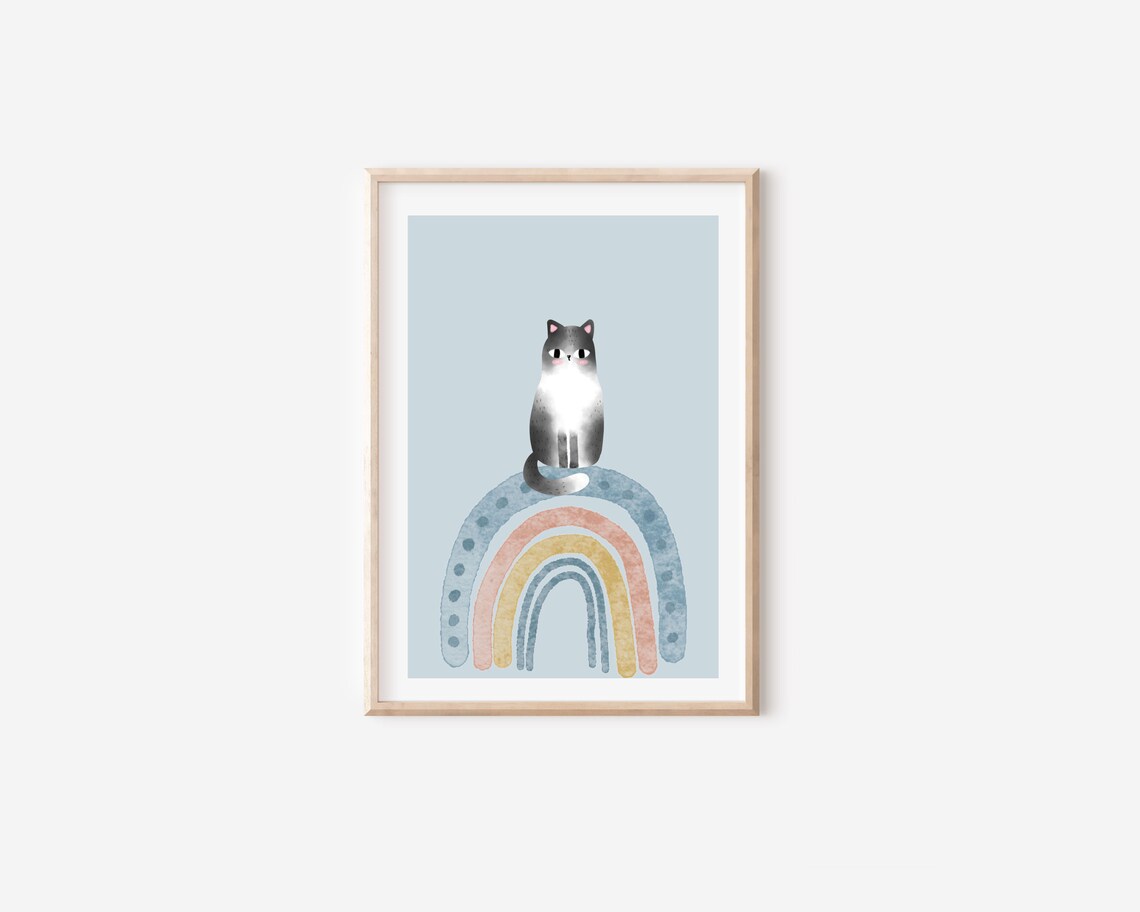 Boho Boy Nursery Cat Print, Blue Rainbow Poster - Image 5