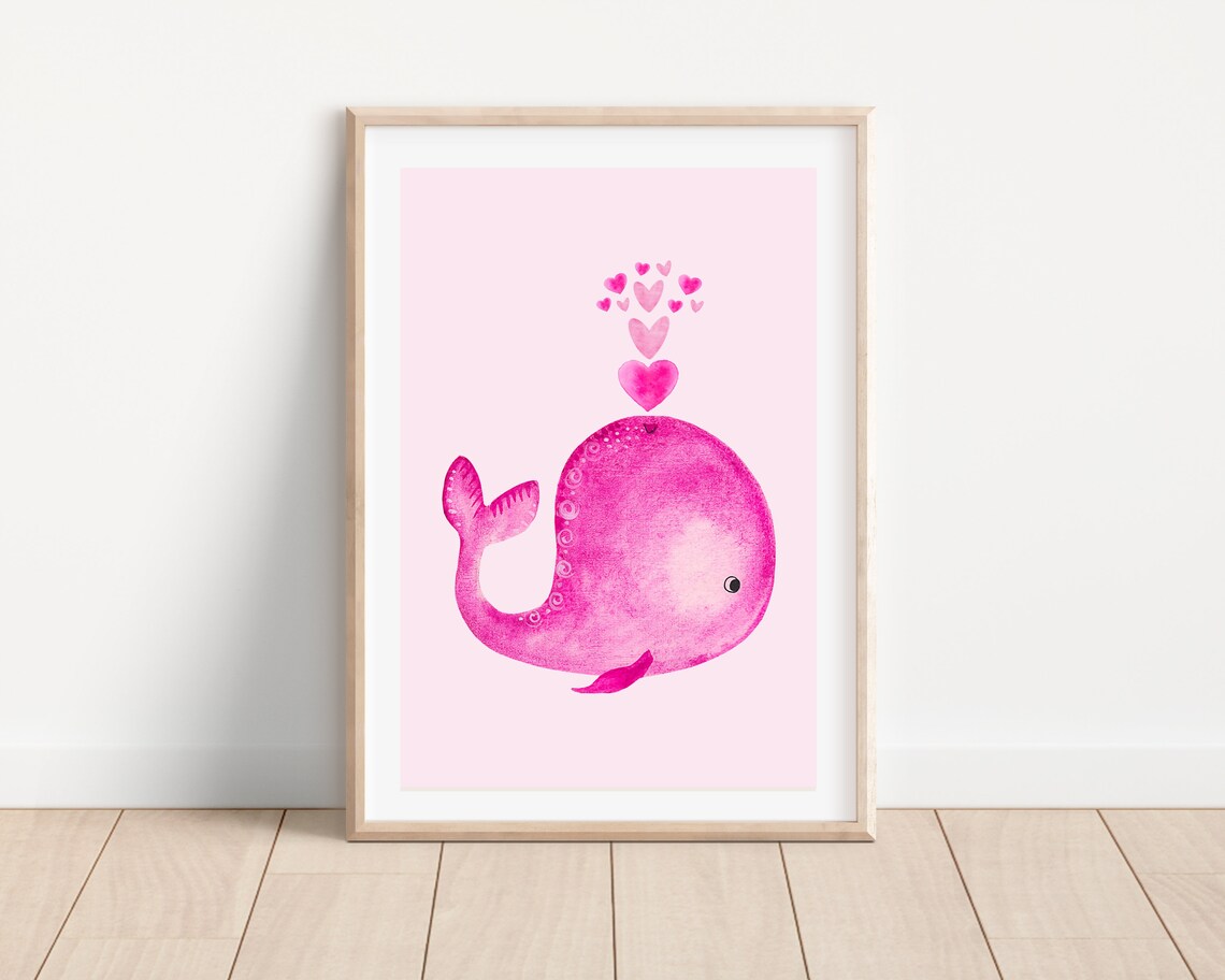 Boho Watercolor Pink Nursery Whale Wall Art Print