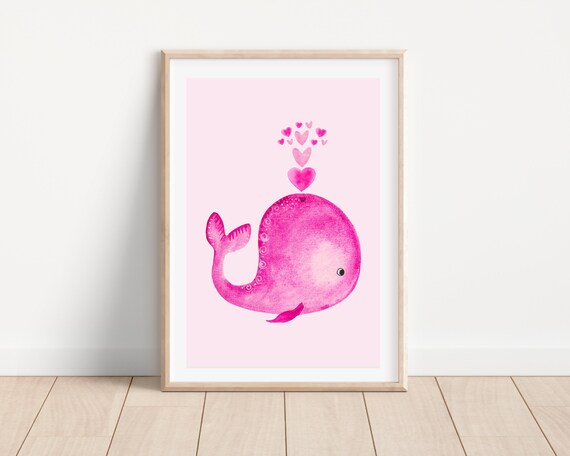 Boho Watercolor Pink Nursery Whale Wall Art Print