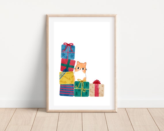 Cute Christmas Cat With Present, Holiday Art Print