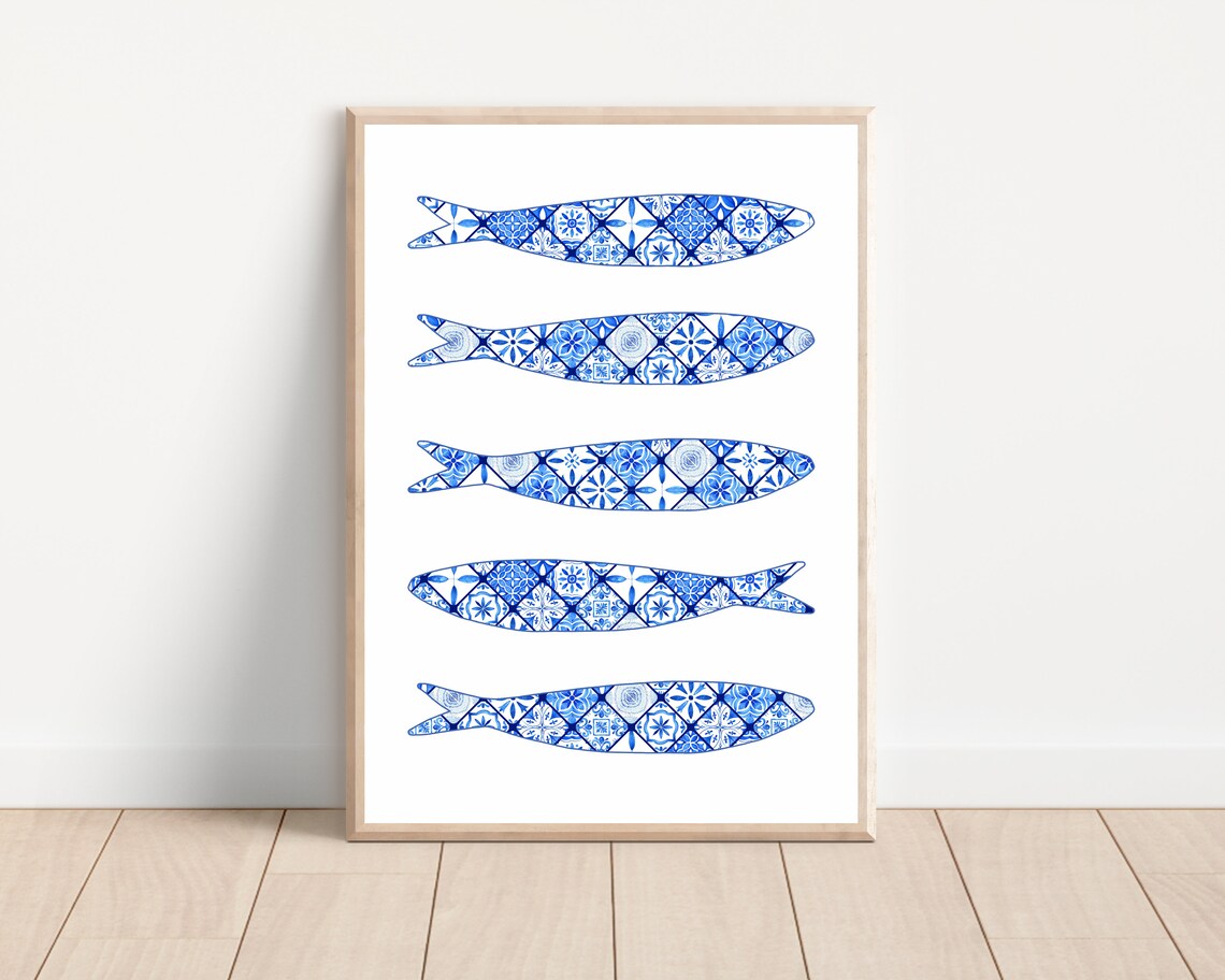 Blue Portuguese Sardine Tile, Boho Kitchen Art Print