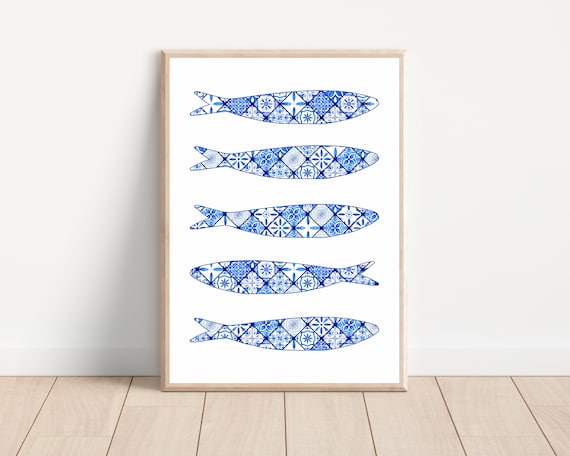 Blue Portuguese Sardine Tile, Boho Kitchen Art Print