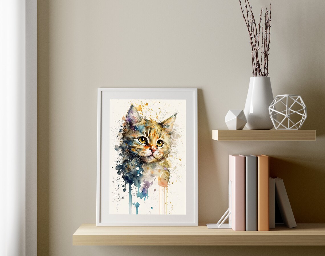 Watercolor Kitten Portrait Colorful Paint Splash Cat Nursery Wall Art - Image 3