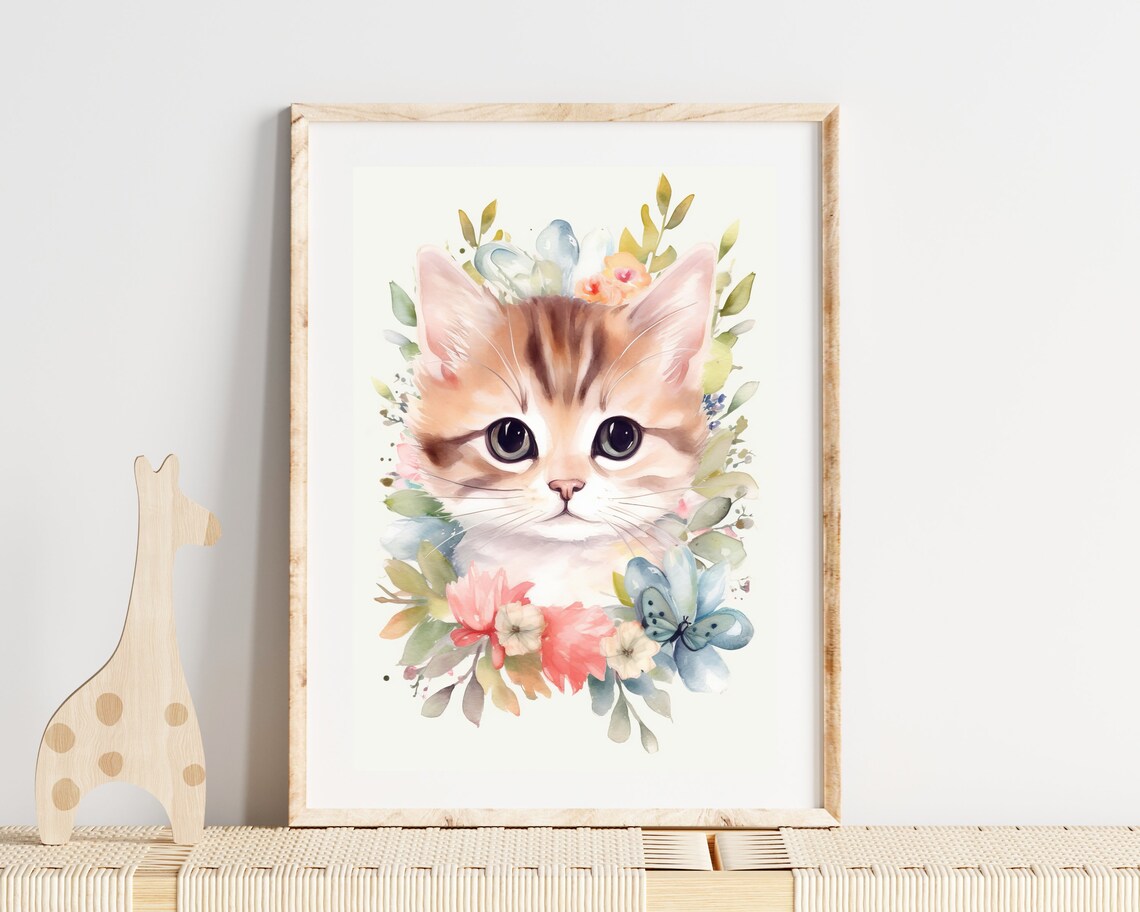 Cute Tabby Kitten Watercolor Floral Wreath Nursery Baby Room Wall Print - Image 2