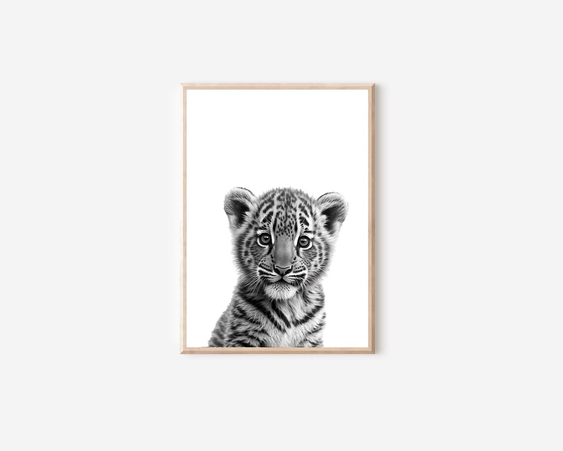 Black And White Baby Tiger Cub Portrait Minimalist Nursery Wall Art - Image 4