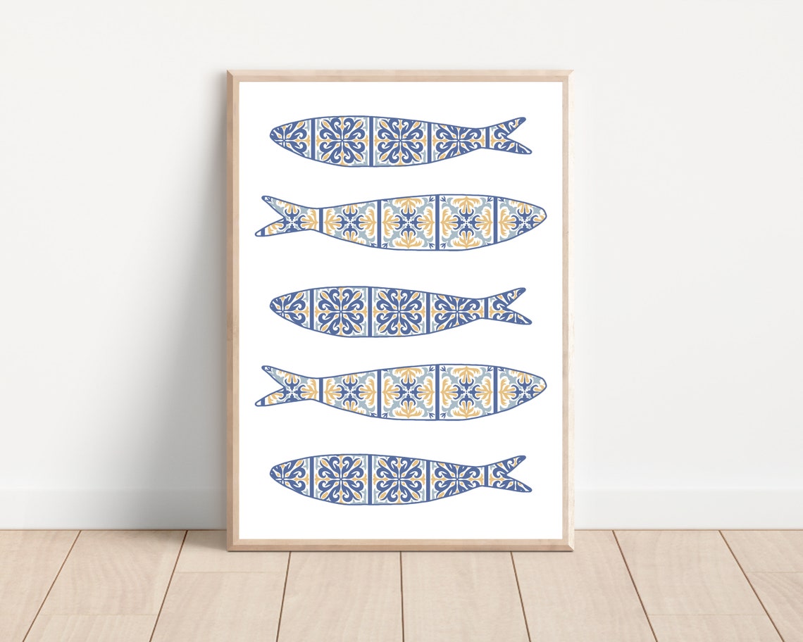 Boho Portuguese Sardine Art Print, Mediterranean Tile