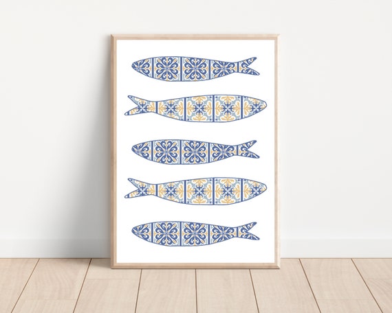 Boho Portuguese Sardine Art Print, Mediterranean Tile