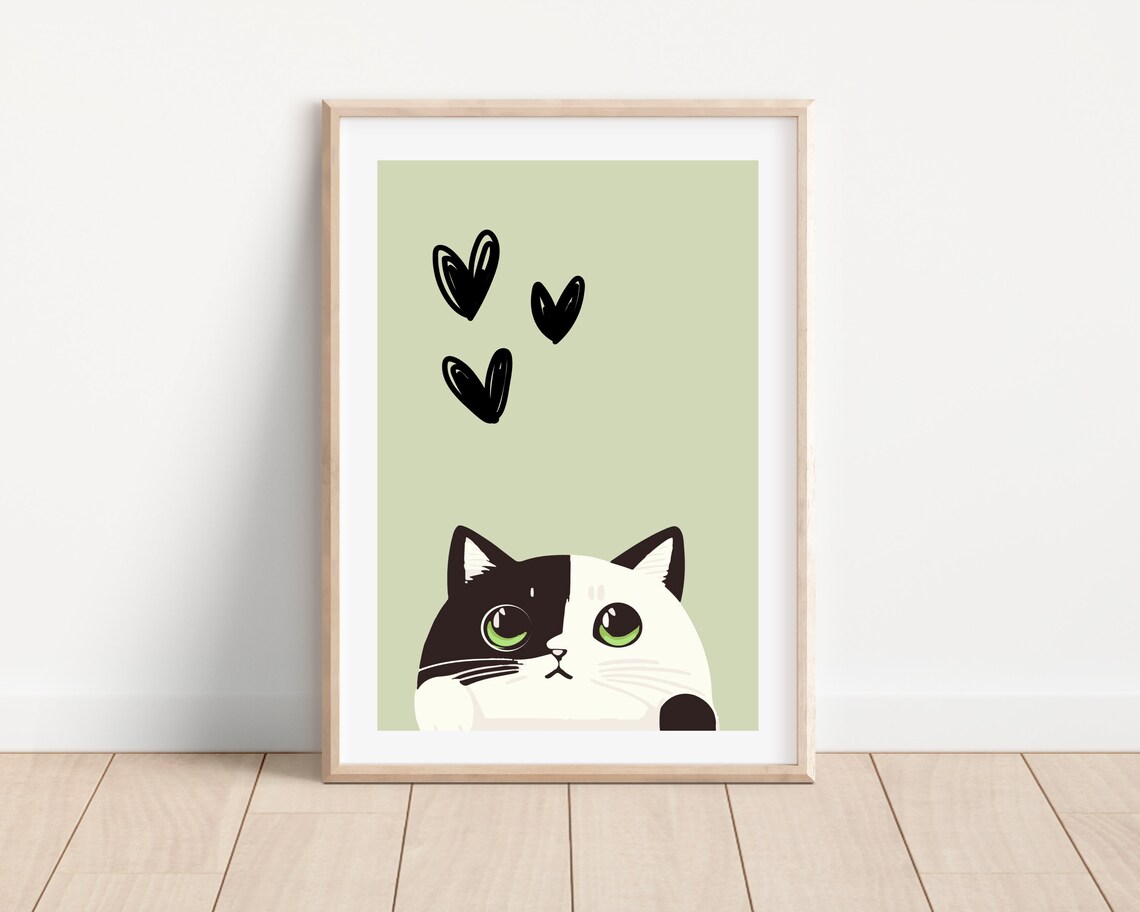 Peekaboo Cat Green Eyes Hearts Cute Cartoon Kitten Nursery Wall Poster