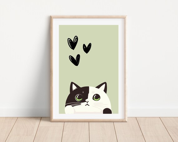 Peekaboo Cat Green Eyes Hearts Cute Cartoon Kitten Nursery Wall Poster