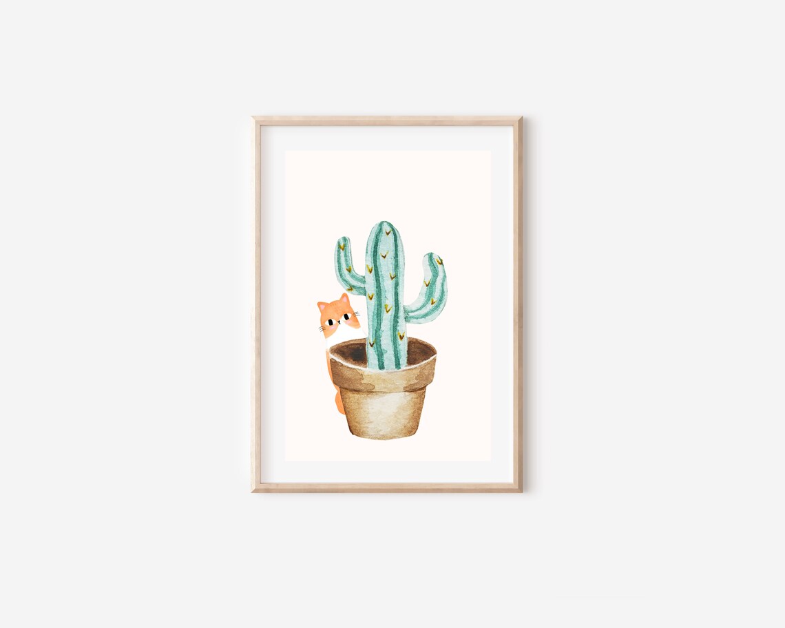 Boho Cat And House Plant, Watercolor Botanical Art Print - Image 4