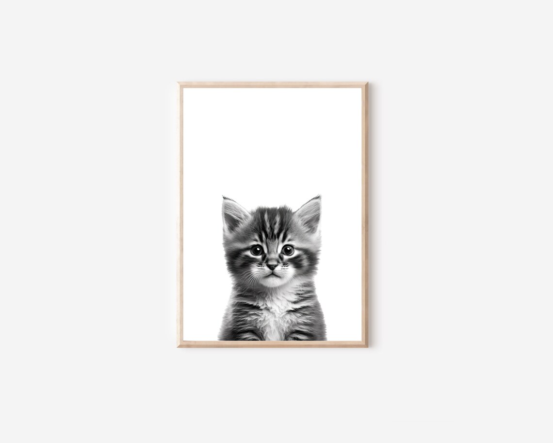 Black And White Kitten Portrait Minimalist Nursery Cat Wall Art - Image 4