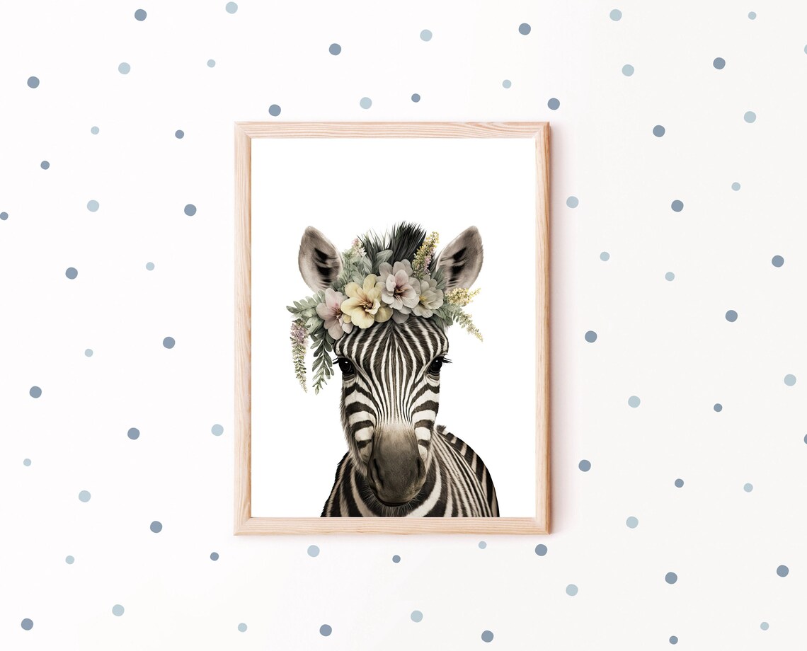 Boho Zebra Wearing Flower Crown Portrait Nursery Safari Wall Art - Image 3